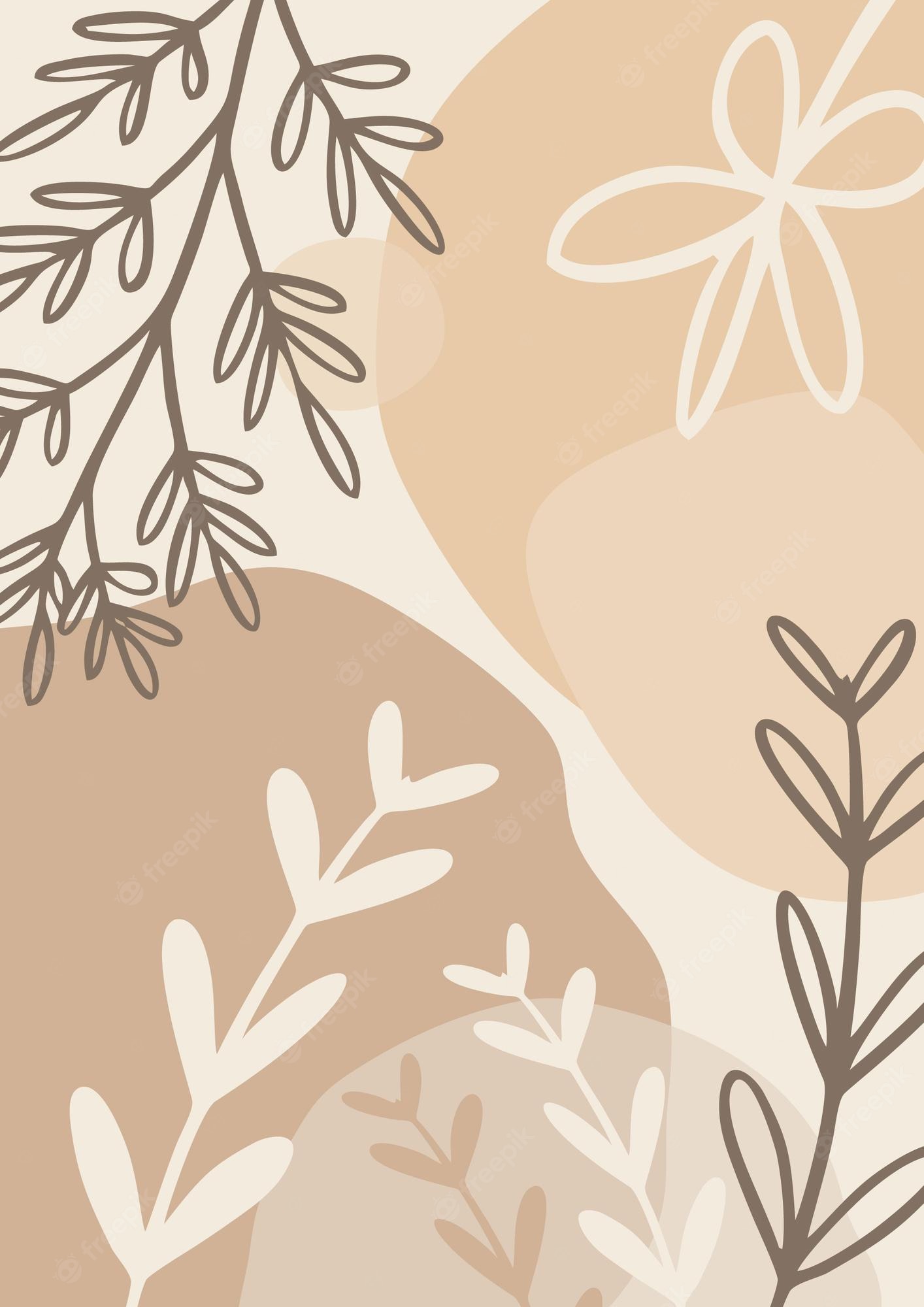 An abstract illustration of leaves and flowers on a beige background - Pastel minimalist