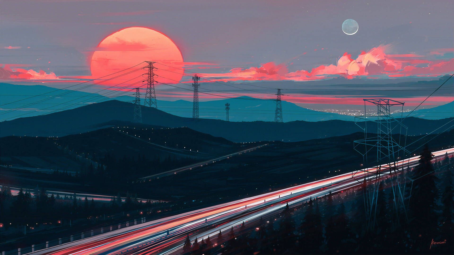 A painting of the sunset over mountains and highways - 1920x1080