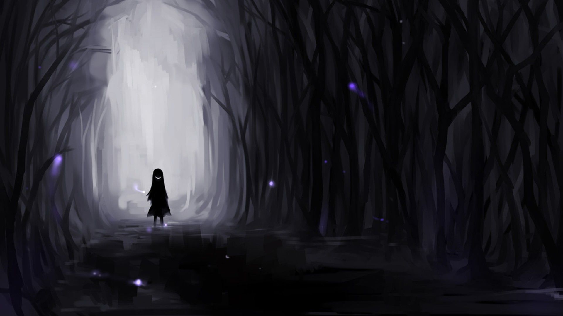 A woman in a black cloak stands in a dark forest, surrounded by trees and fireflies. - Dark anime