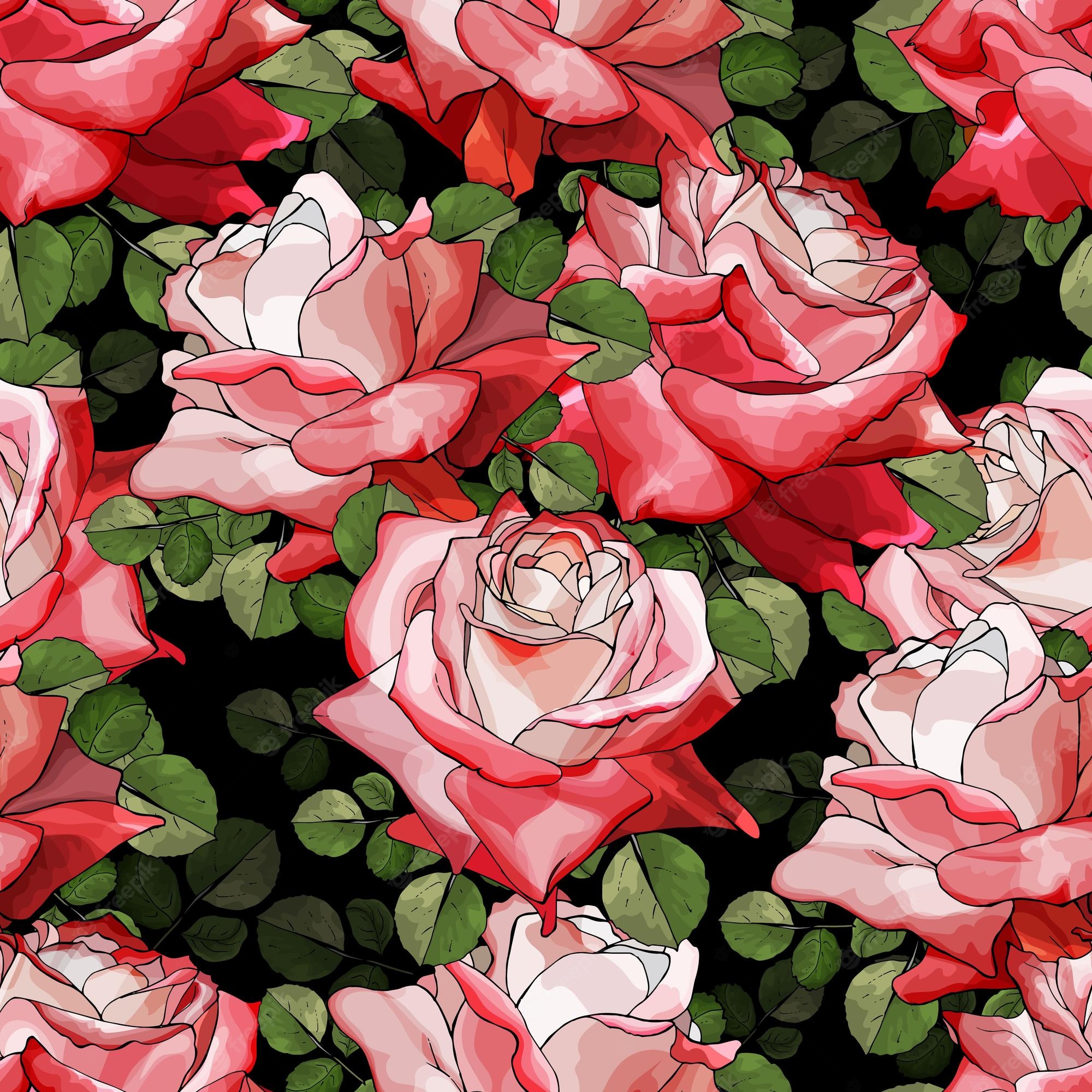 Premium Vector. Vector floral seamless pattern with flowers red roses and green leaves on black background. hand drawn. for textile, wallpaper, print, greeting