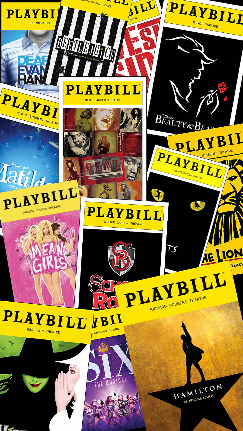 A group of playbill posters on display - Broadway
