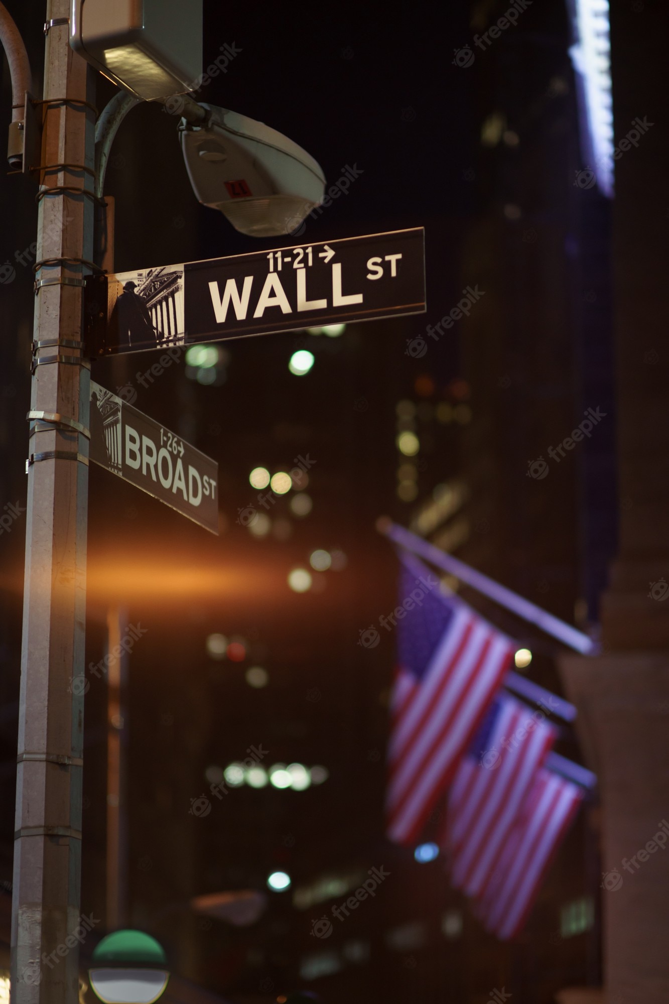 Premium Photo. Broadway and wall street signs at the night with us flags on background, manhattan, new york