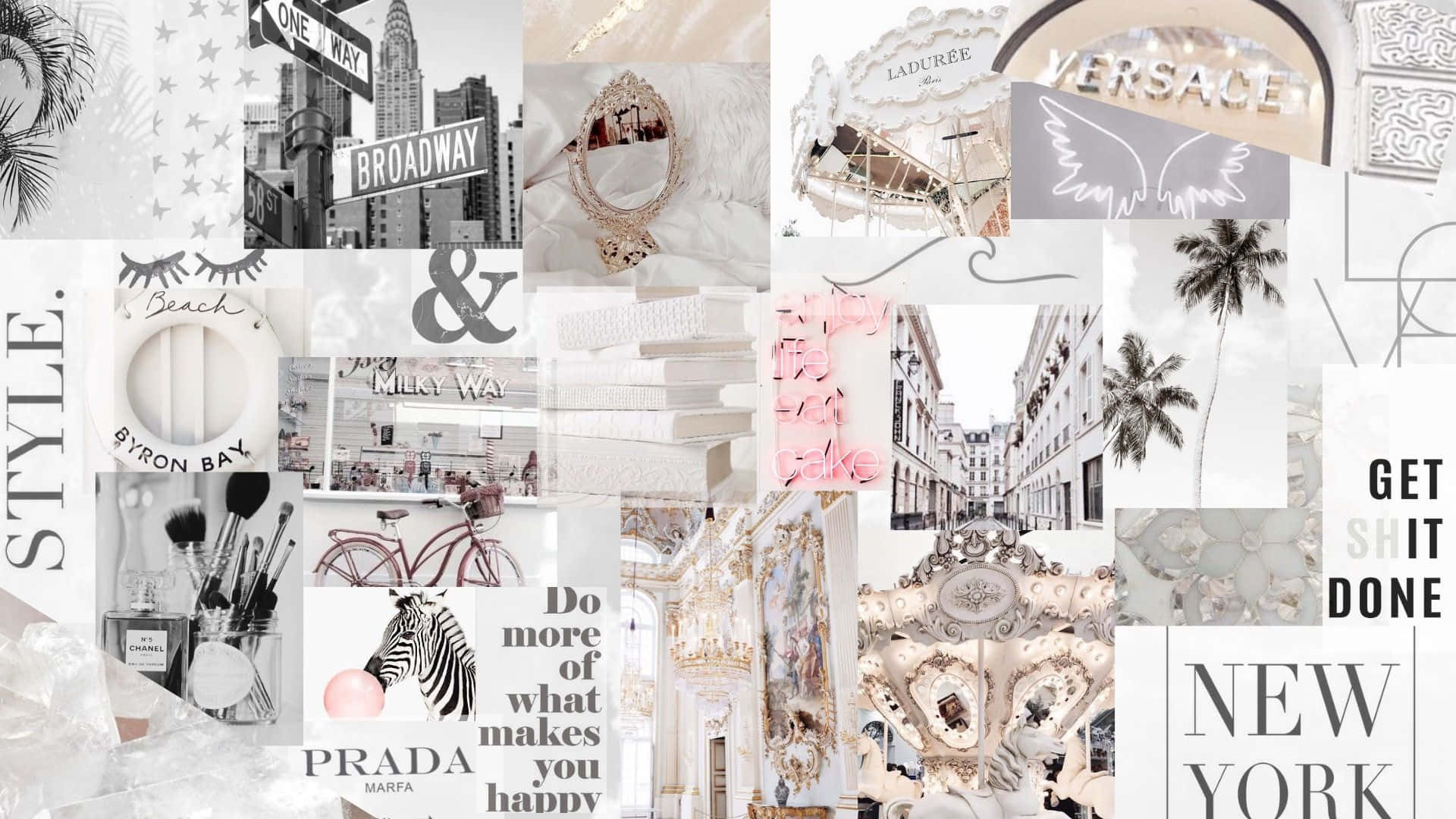 Collage of images, words, and phrases in black and white, with a pink purse in the center - Broadway