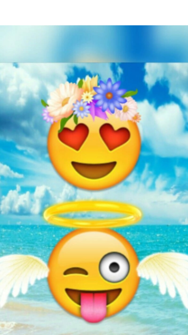 Two emojis one with flowers on head and the other with wings and halo - Emoji
