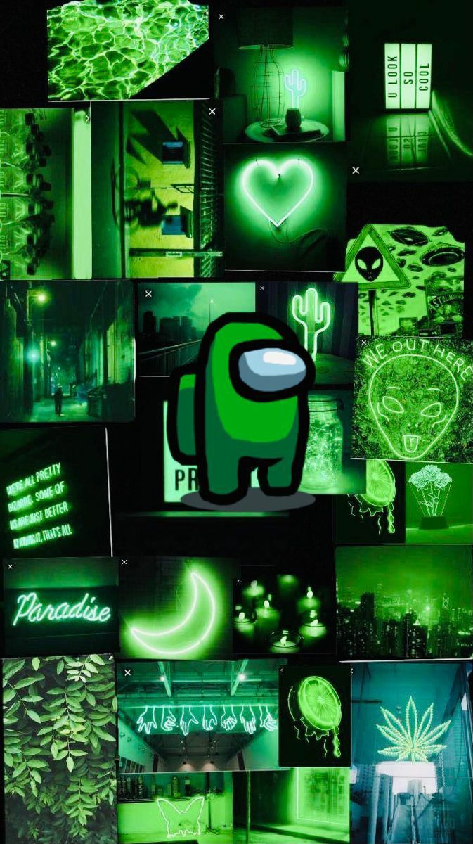 A collage of green glowing images - Green, Among Us