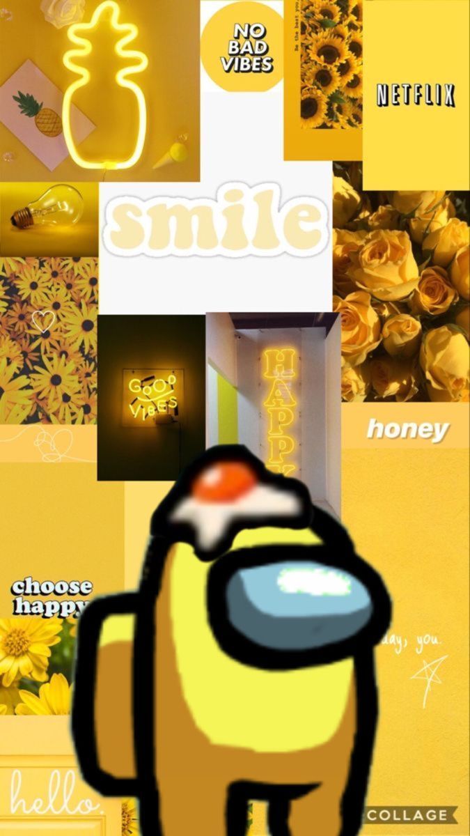 Aesthetic wallpaper of yellow and black, with the word smile in the middle - Yellow, Among Us