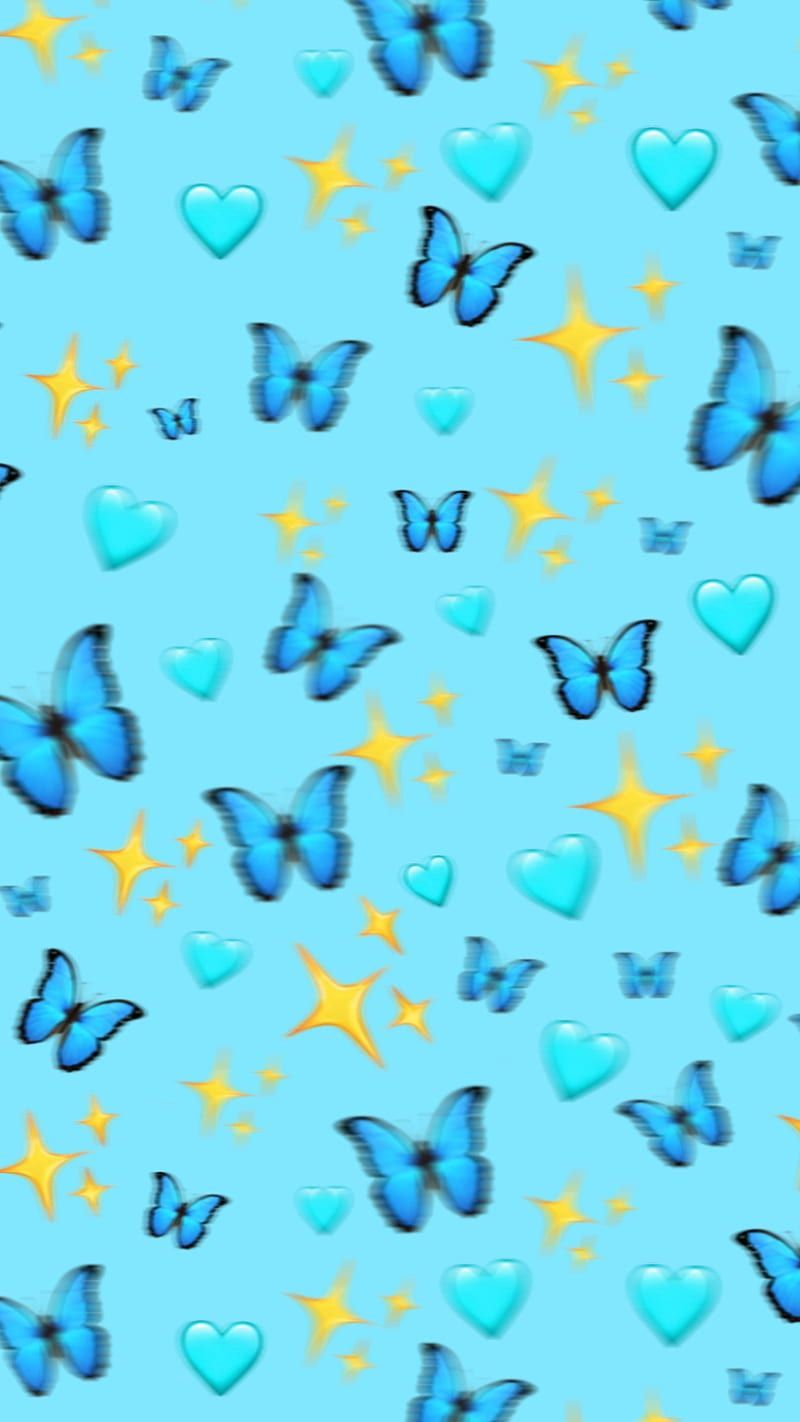 Aesthetic blue butterfly wallpaper for phone with hearts and stars. - Emoji