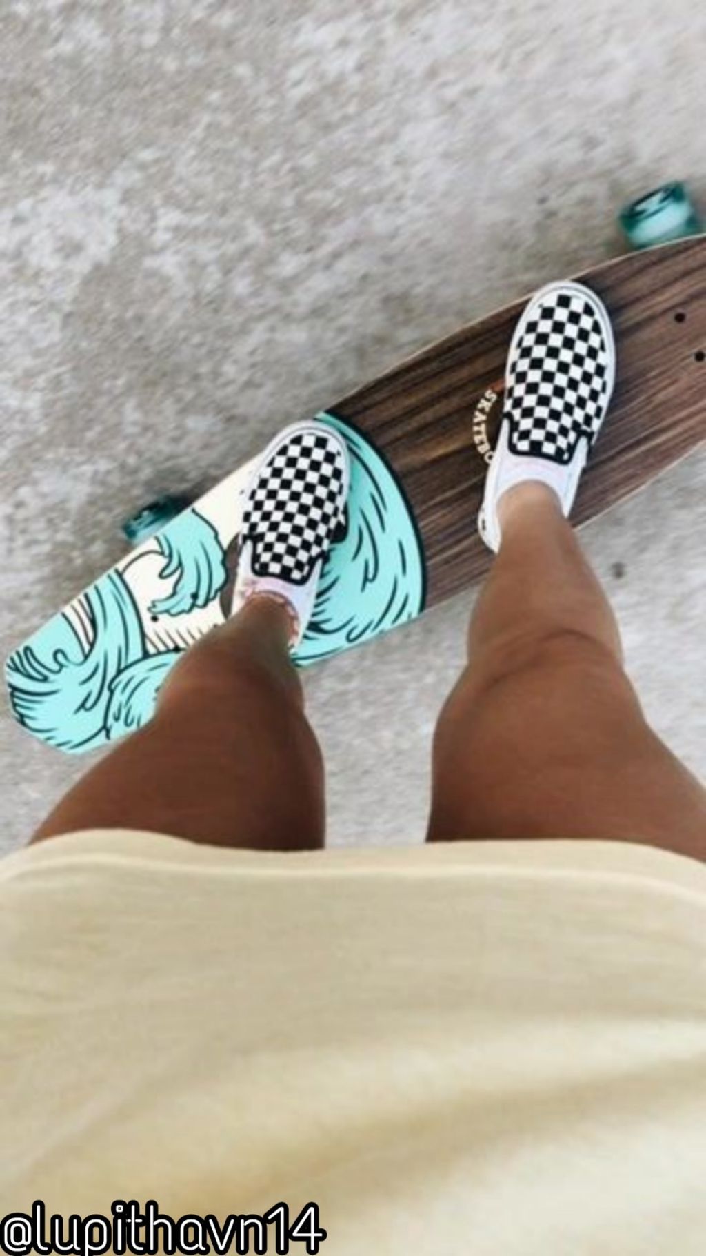 A person standing on a skateboard with checkered shoes - Vans