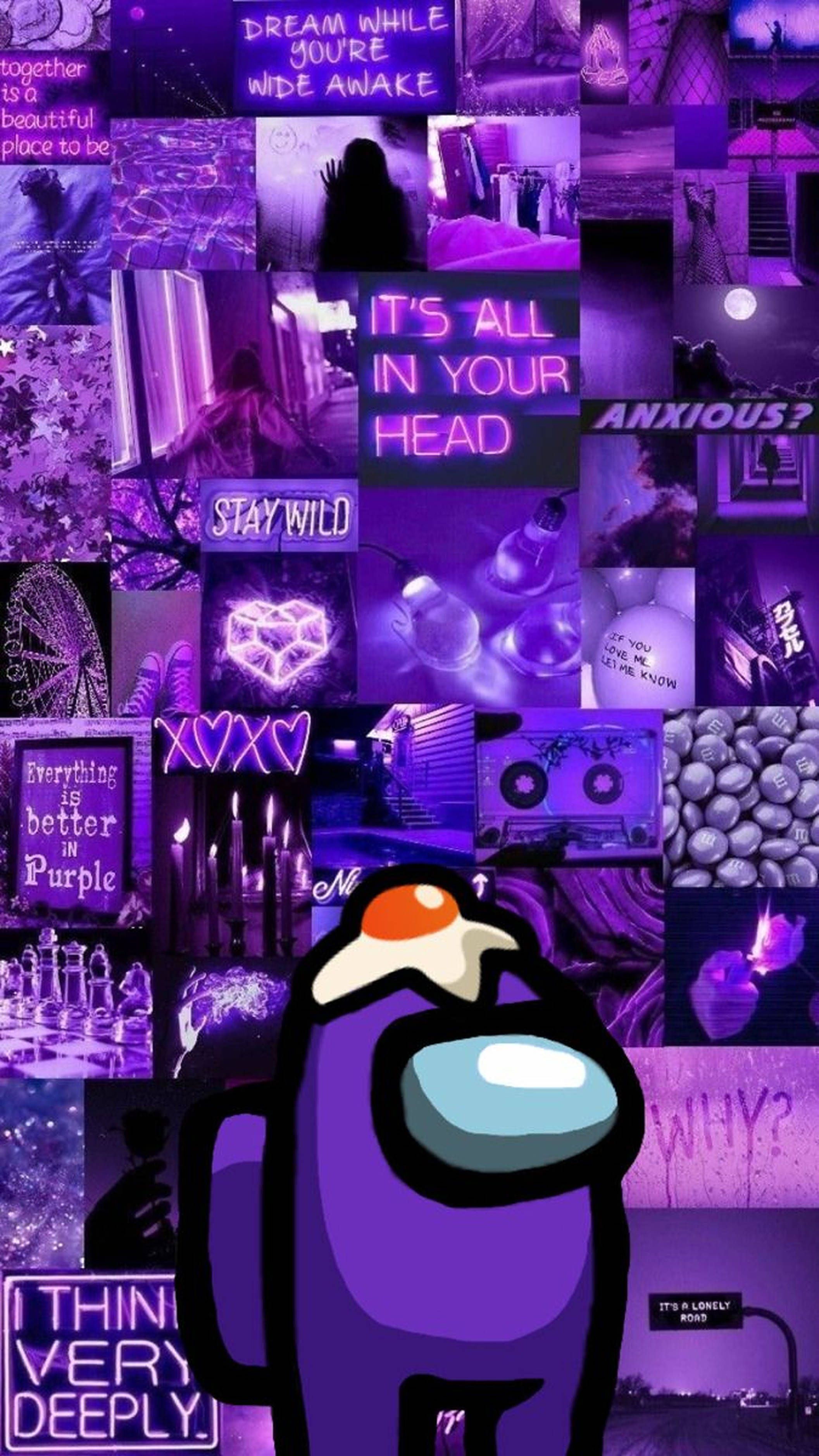 A purple background with many different images - Among Us