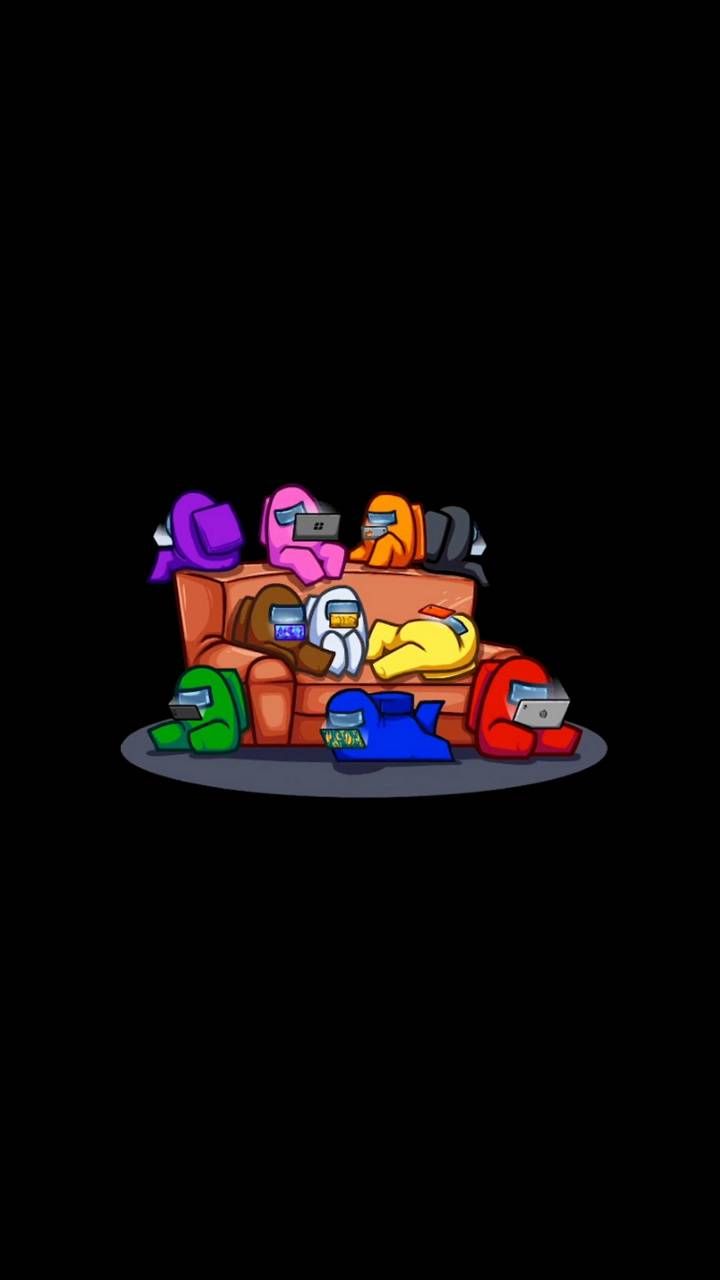 A black background with a colorful pile of characters from the game Among Us. - Among Us