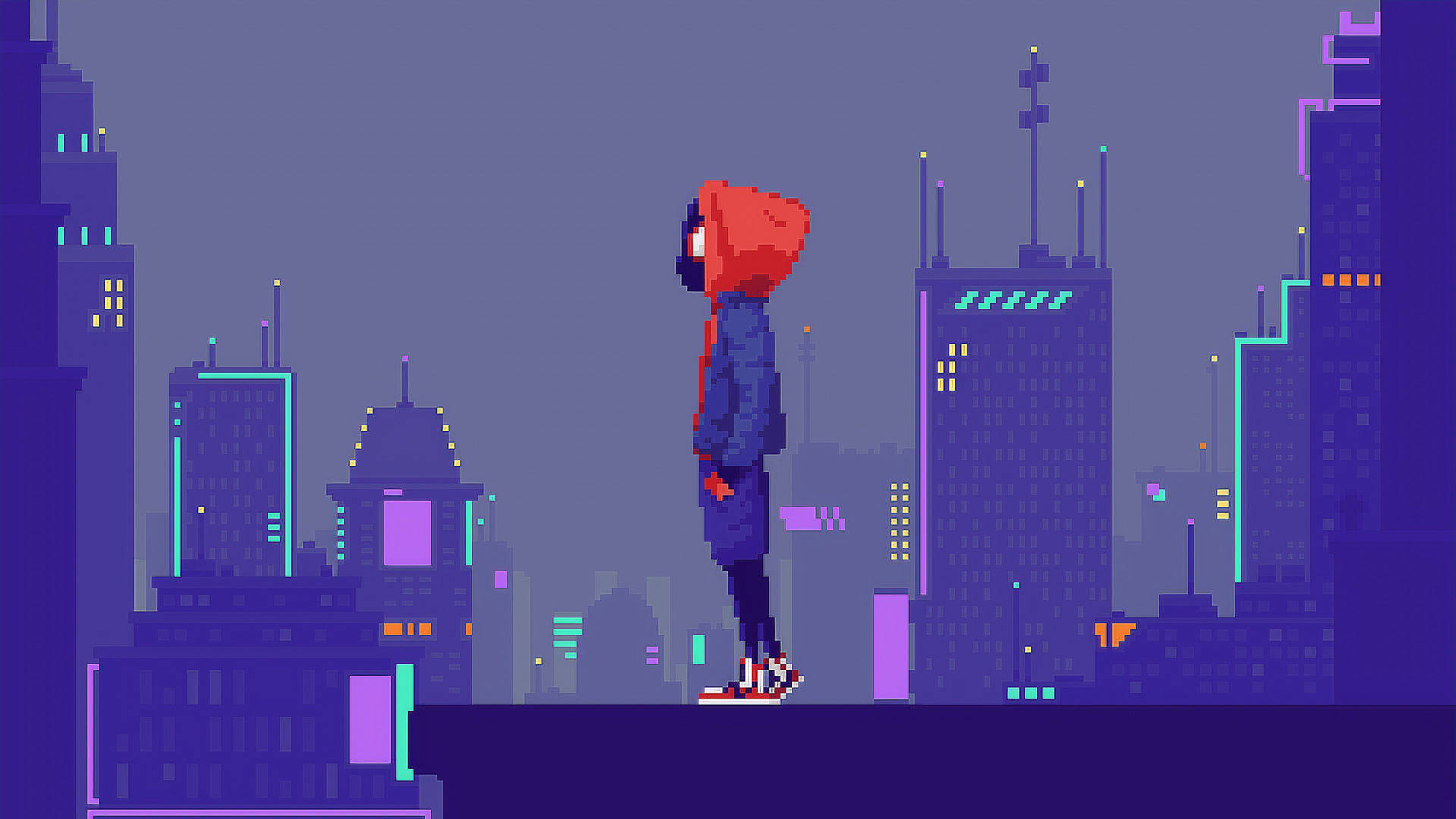 A red haired girl in a blue coat stands on a ledge in a cyberpunk city - Pixel art