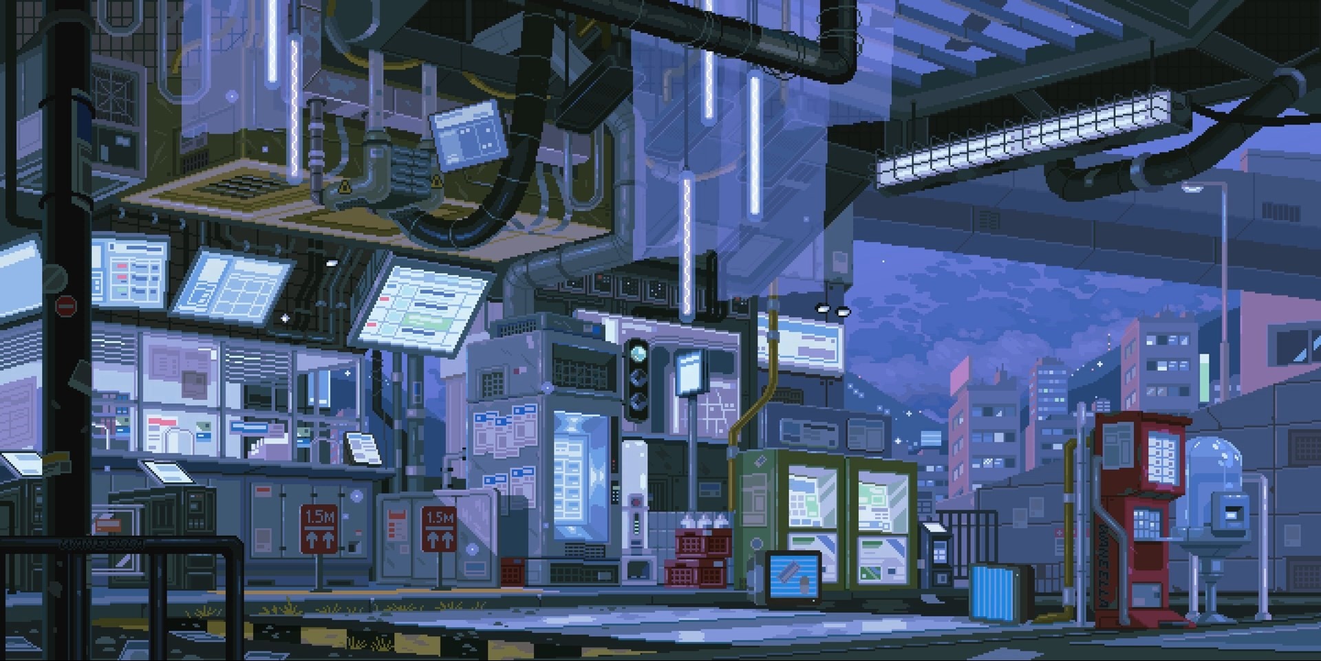 A futuristic city scene with lots of lights - Pixel art