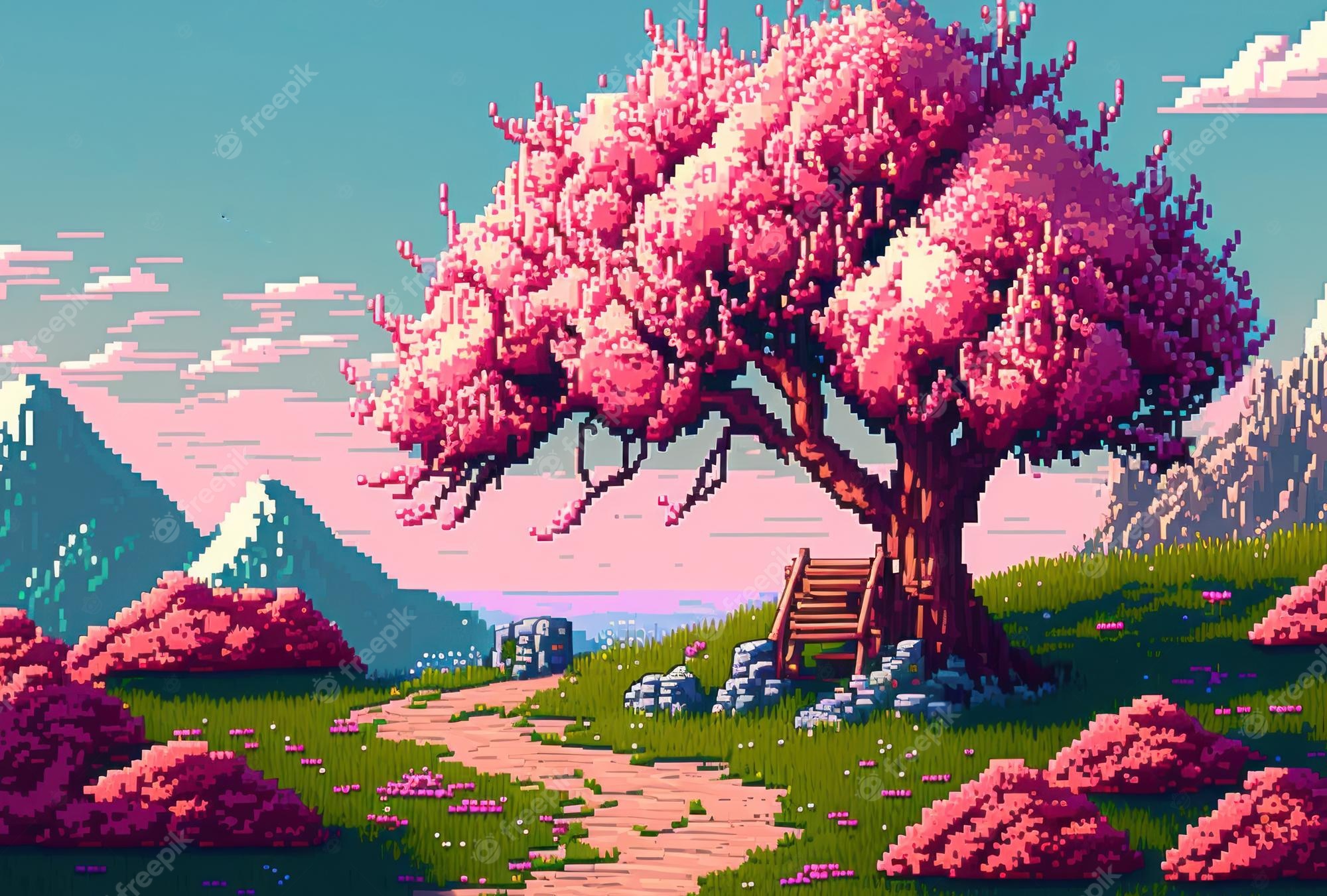 Pixel art landscape with a pink tree - Pixel art