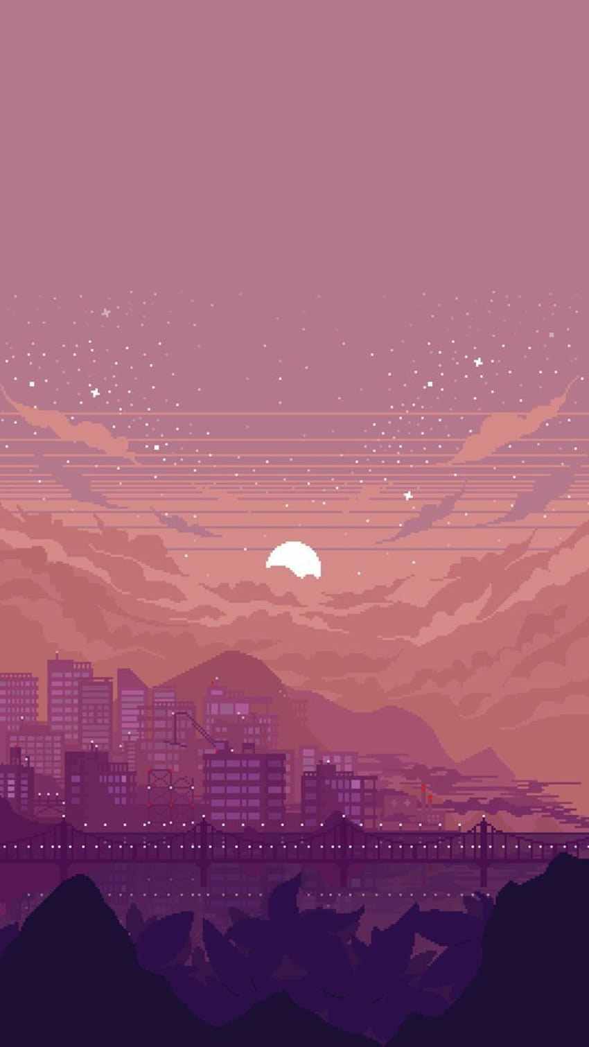 A cityscape with mountains and water in the background - Pixel art