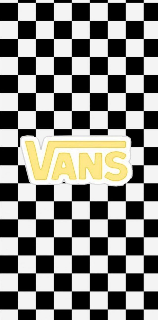 Vans yellow logo on a black and white checkered background - Vans