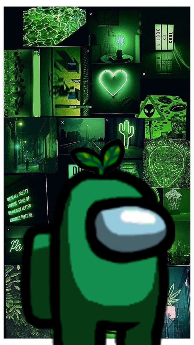 A green alien is in front of many pictures - Among Us