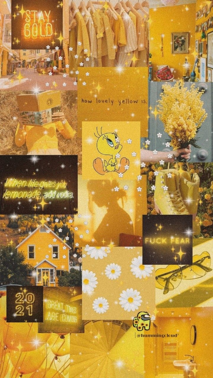 Aesthetic yellow collage background with Tweety Bird, neon sign, and yellow flowers. - Pastel yellow
