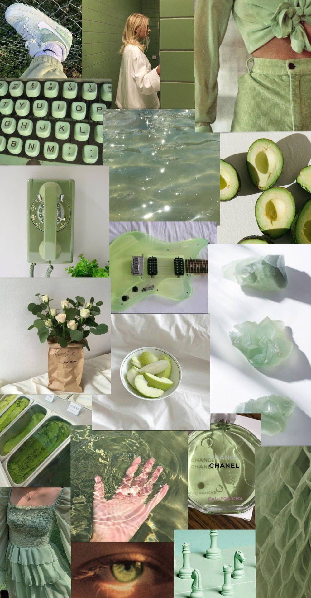 A collage of green aesthetic images including avocado, a keyboard, a guitar, and a Chanel bag. - Pastel green