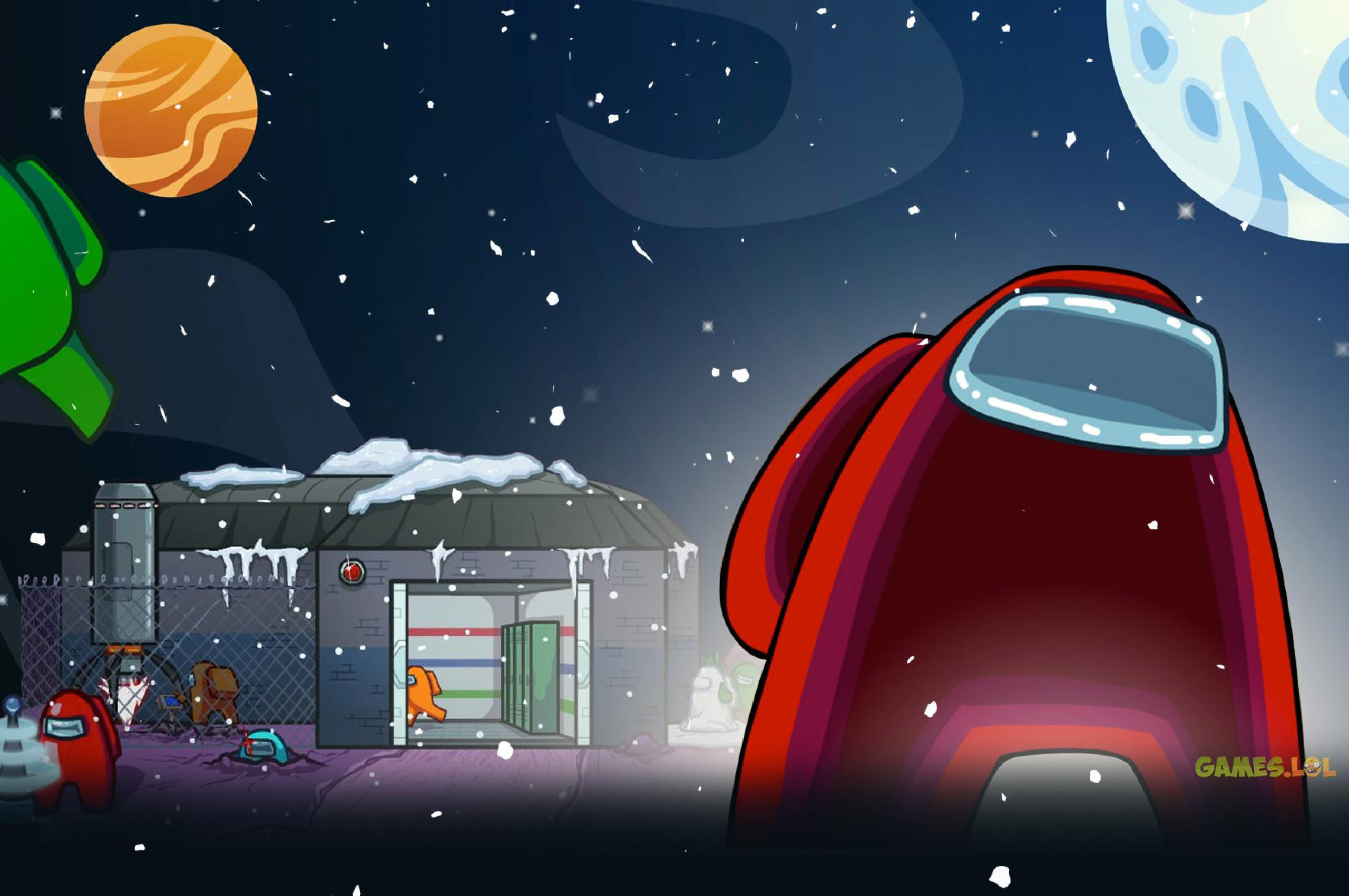 Among Us game wallpaper with the red spaceship and a snowfall - Among Us