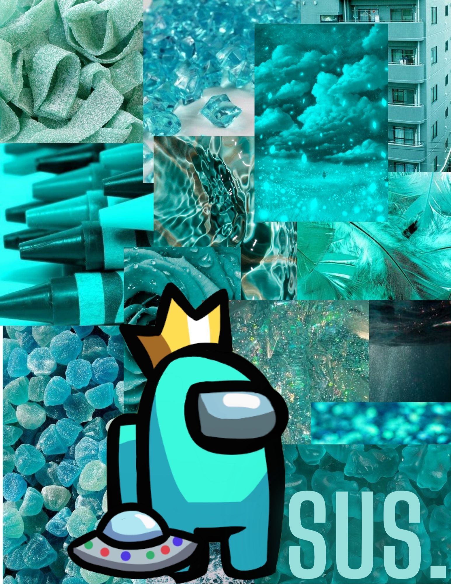 A collage of images with the word sus on it - Among Us, cyan