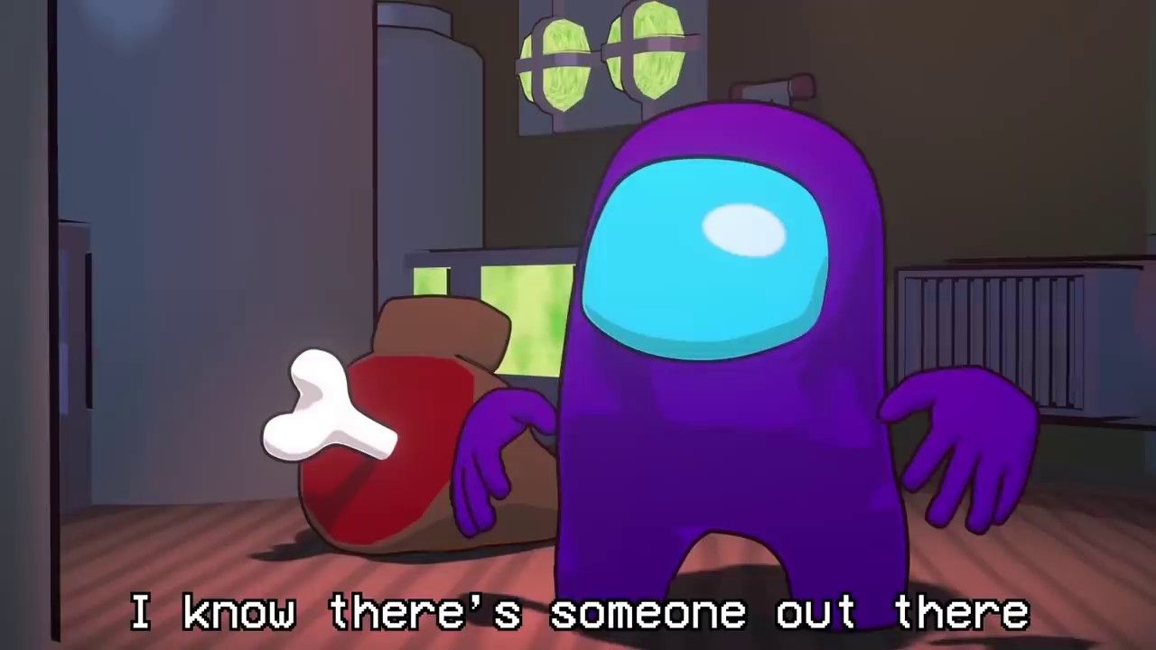 A purple blob character with the words 