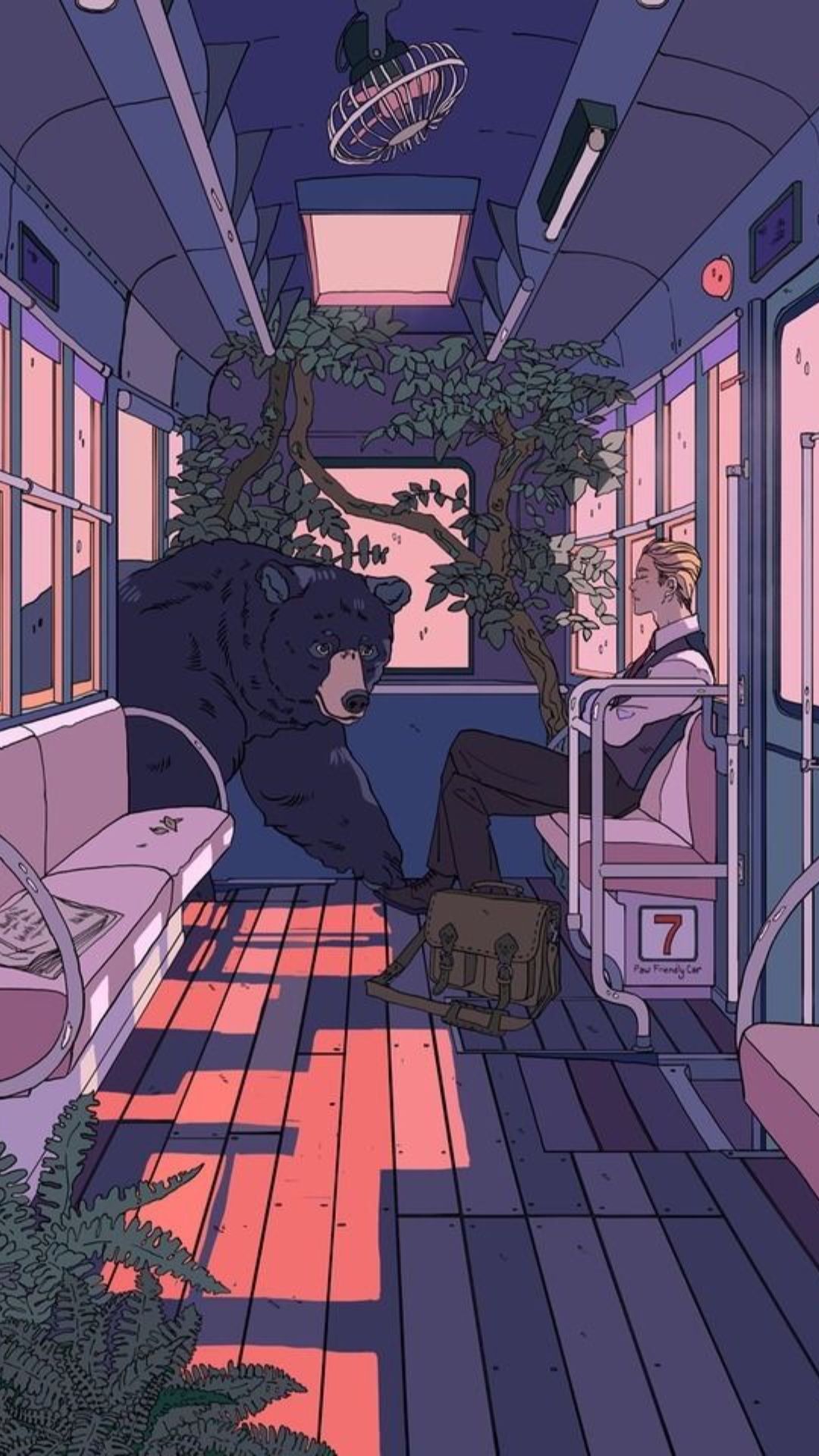 Aesthetic anime wallpaper of a man and a bear on a bus. - Anime, 90s anime