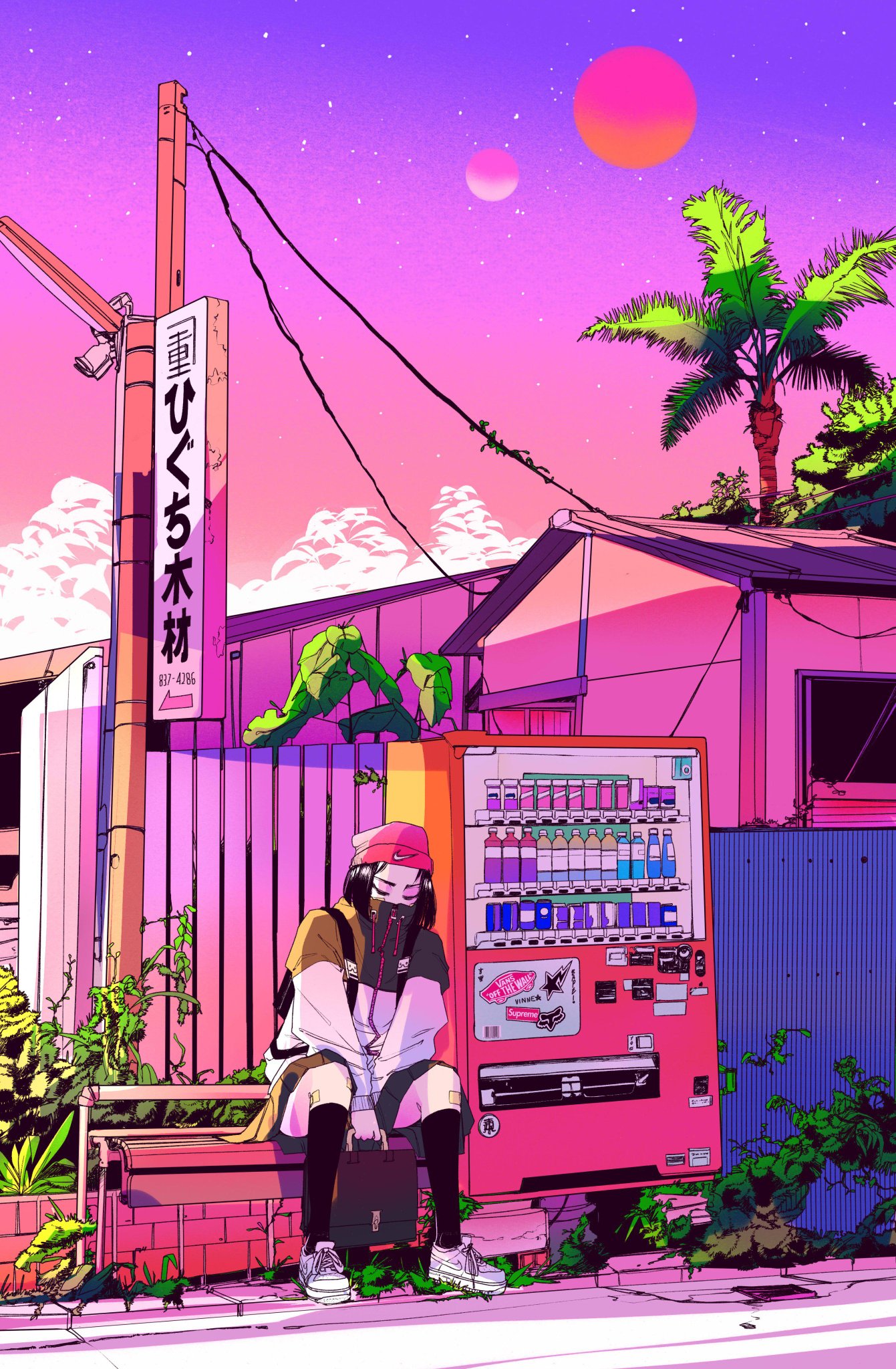 A person sitting on the ground next to an old vending machine - 90s anime