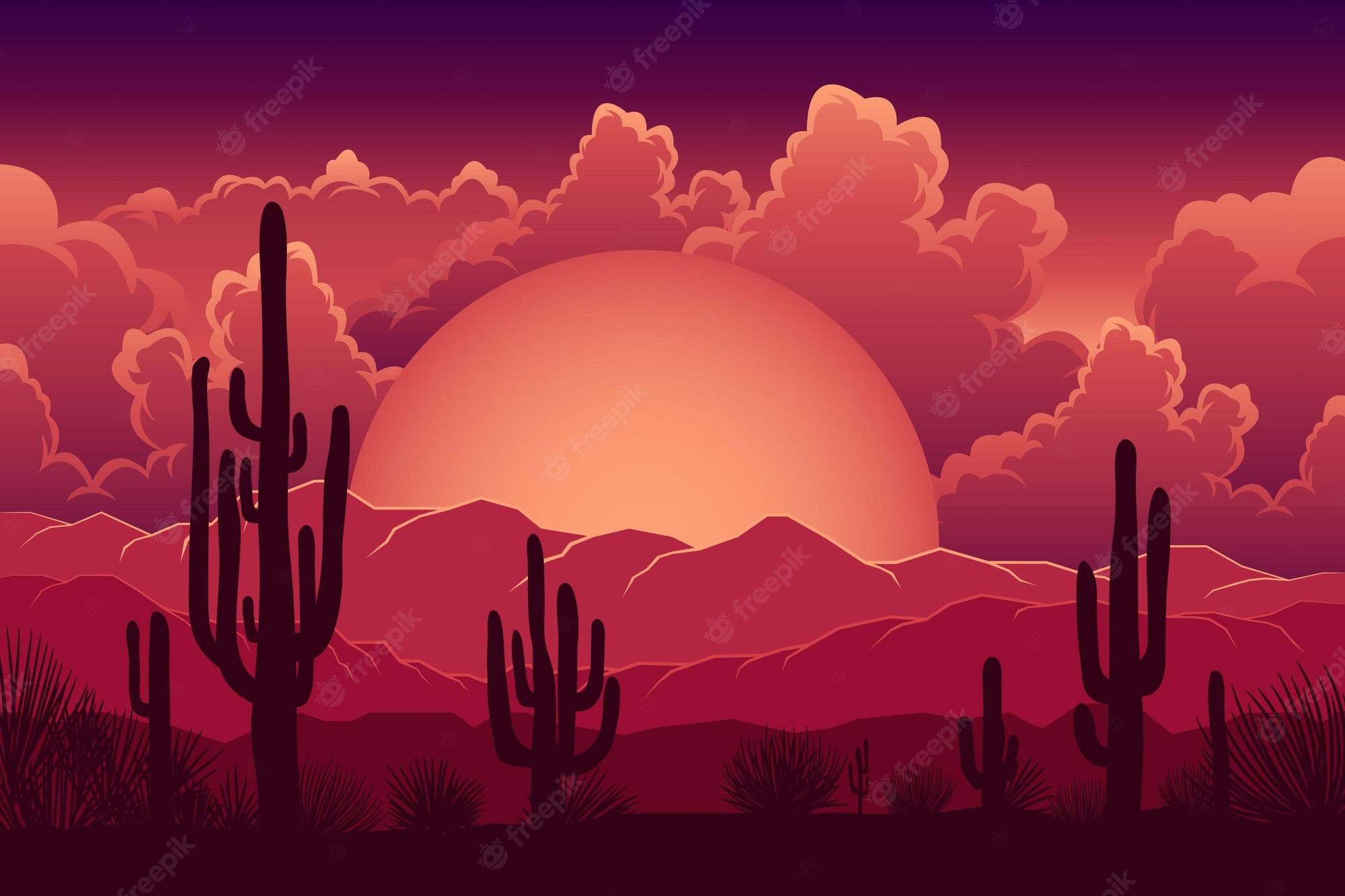 A desert landscape with cacti and mountains at sunset - Desert