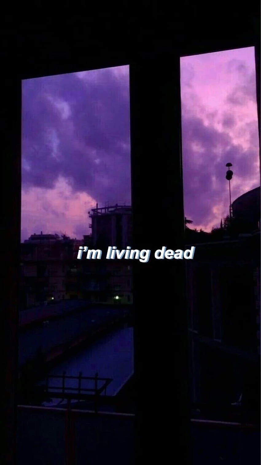 A window with the words i'm living dead on it - Purple quotes, dark purple
