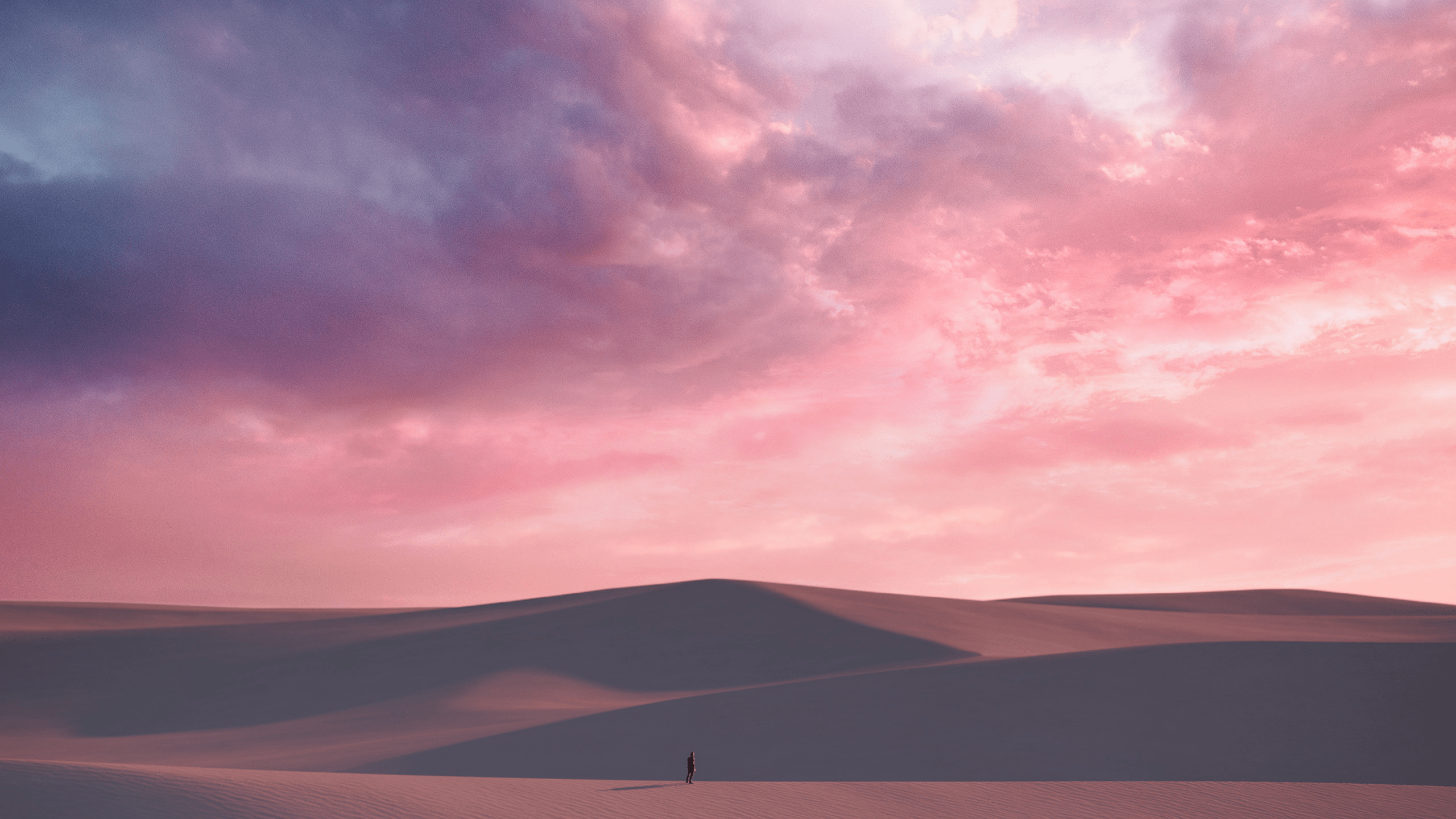 A person standing in a desert with a pink and blue sky above. - Desert