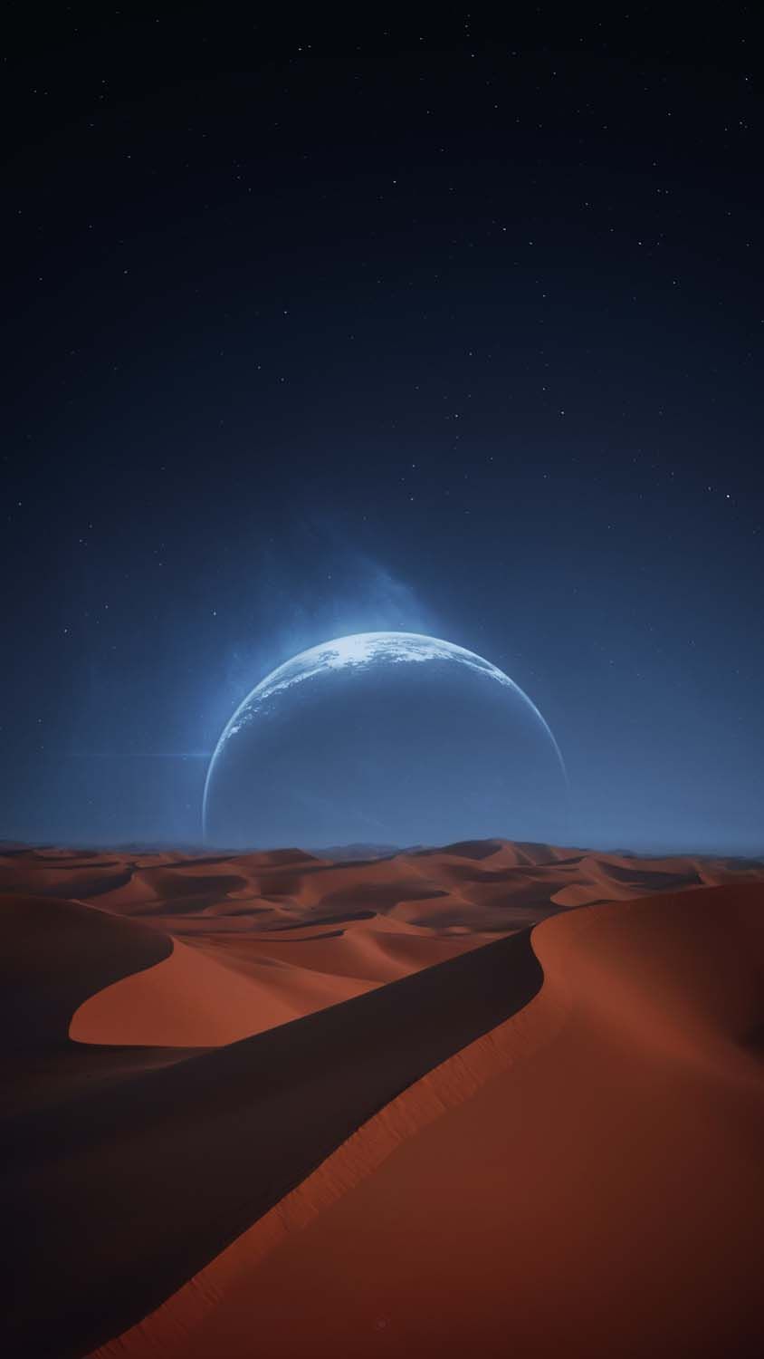 An alien planet in the distance, with a desert in the foreground - Desert