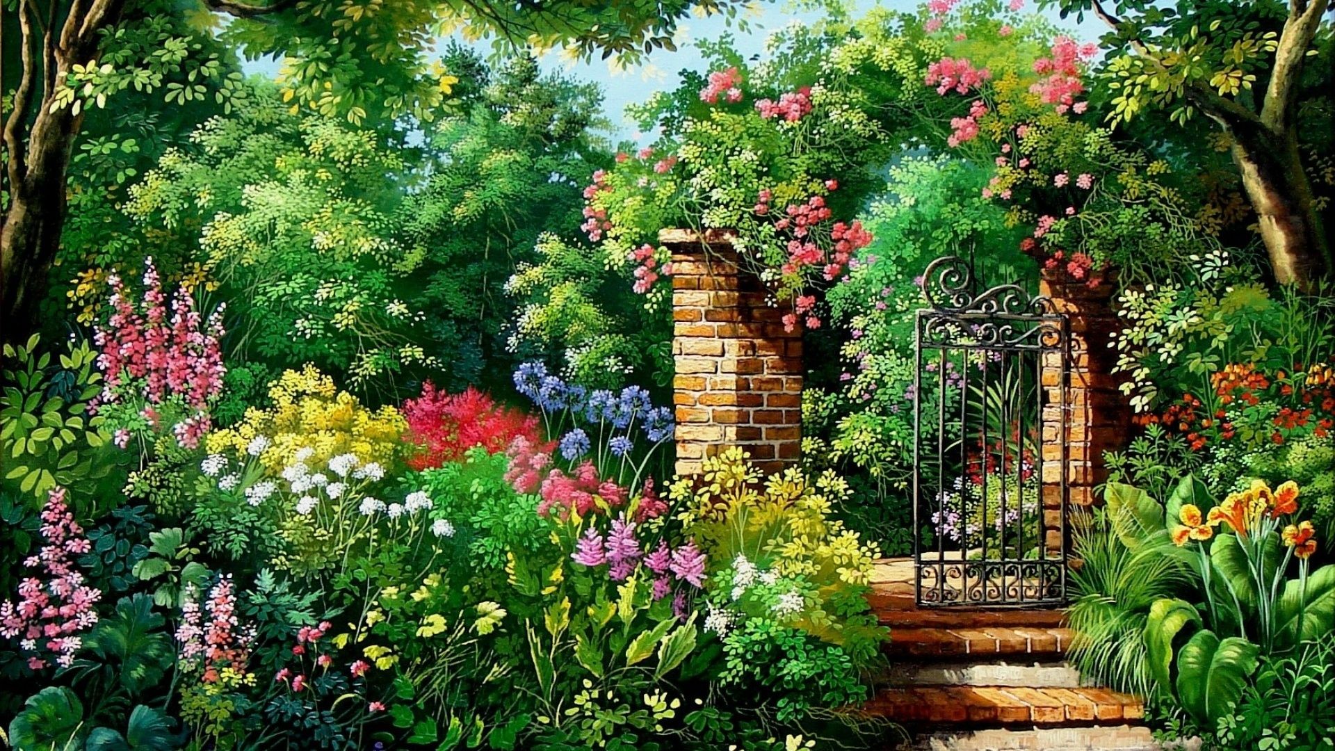 A painting of a garden with flowers and a gate - Garden