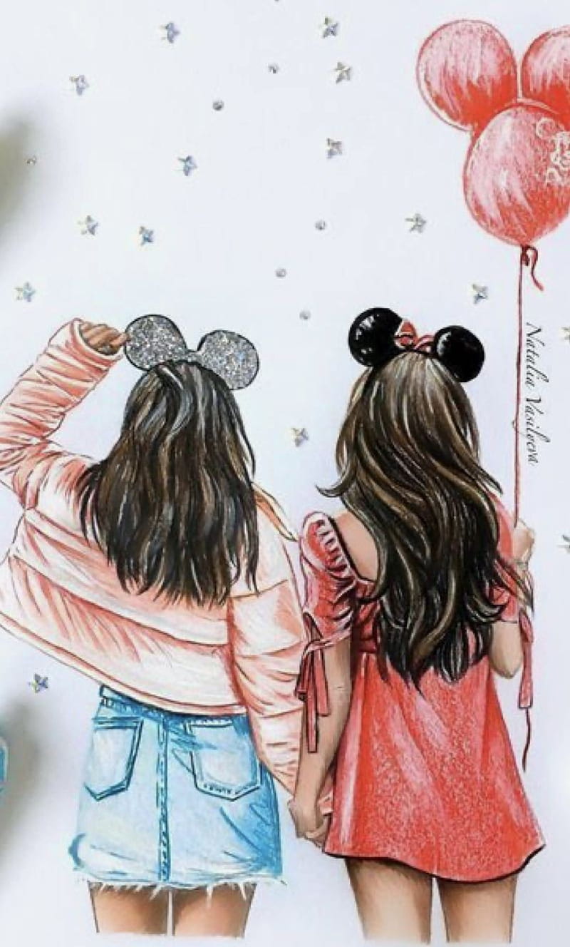 Two girls holding hands, wearing minnie mouse ears, cute phone backgrounds, drawn image of the two girls - Bestie