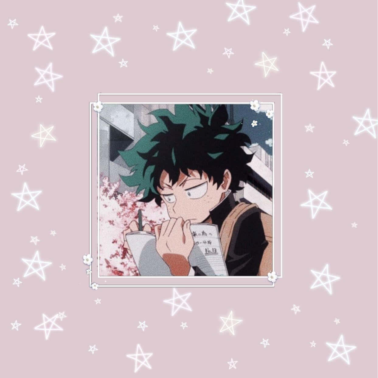 A boy with green hair and black eyes is sitting on the ground - Deku