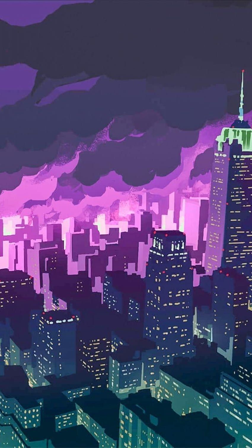 A city skyline with purple clouds in the background - Anime city, cityscape, city