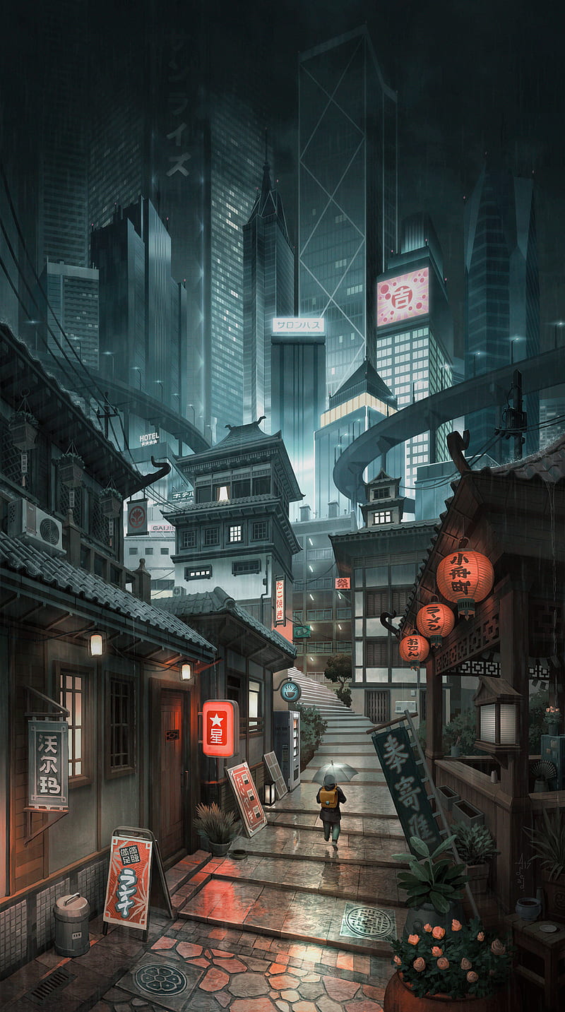 A painting of an asian city at night - Anime city