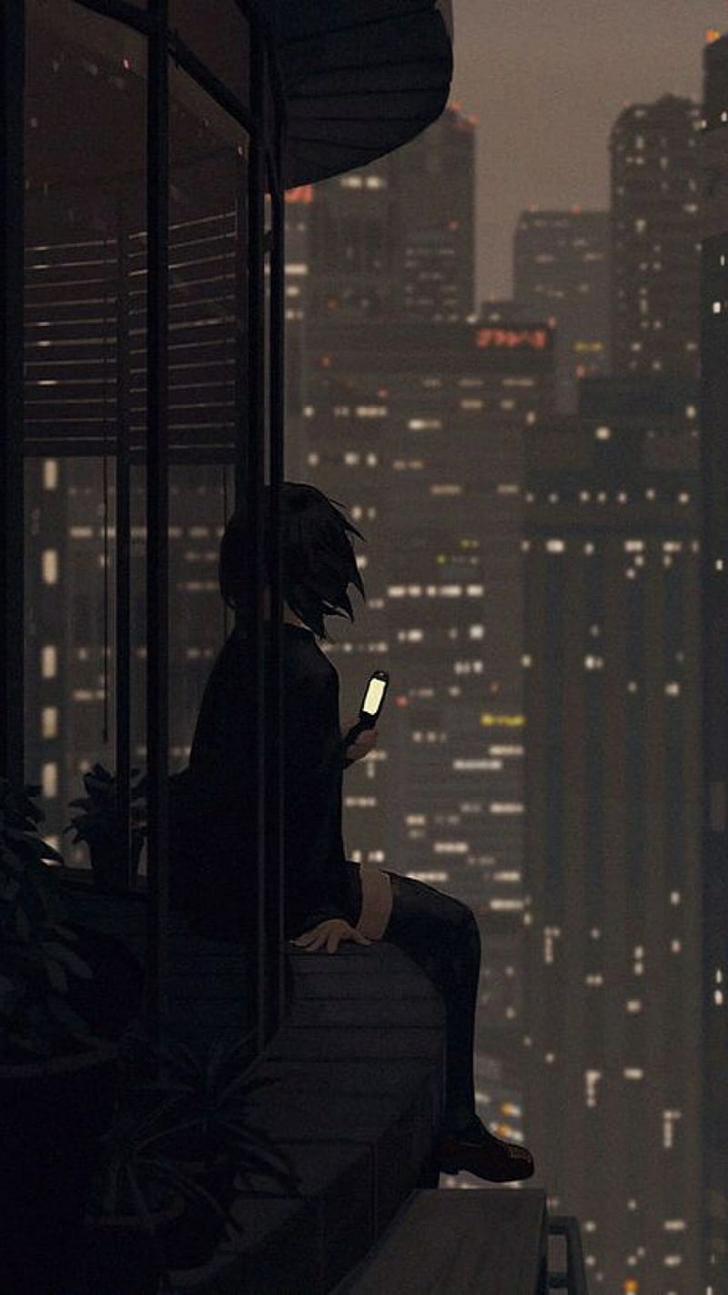 A person sitting on the edge of building - Anime city
