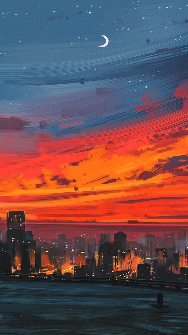 IPhone wallpaper of a cityscape with a sunset sky - Anime city