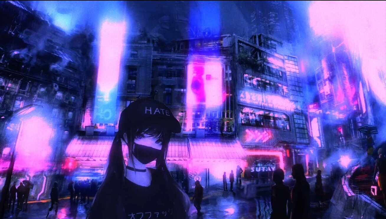 Cyberpunk city at night with a girl in the foreground - Anime city