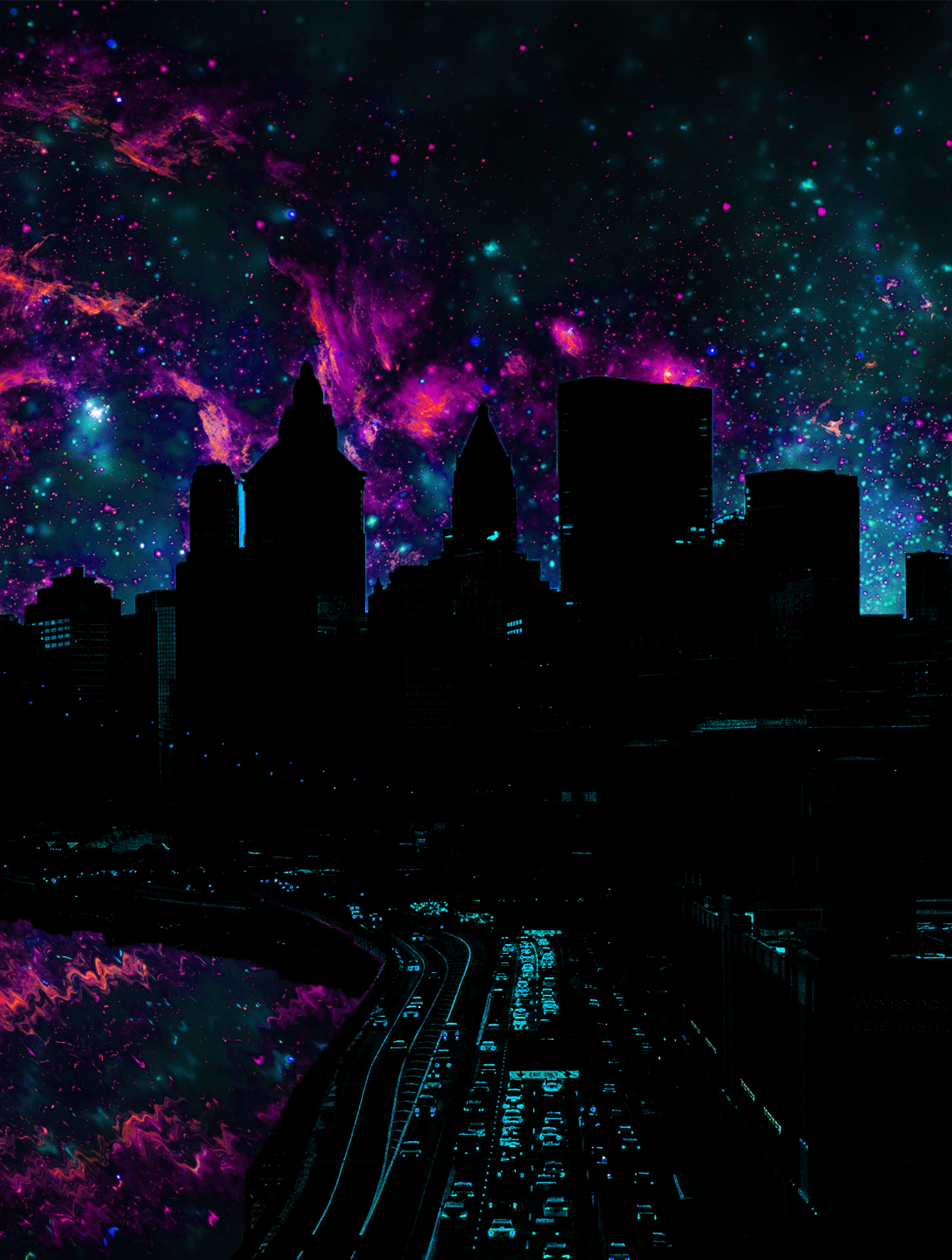 A city skyline with stars and nebulas - Anime city, city