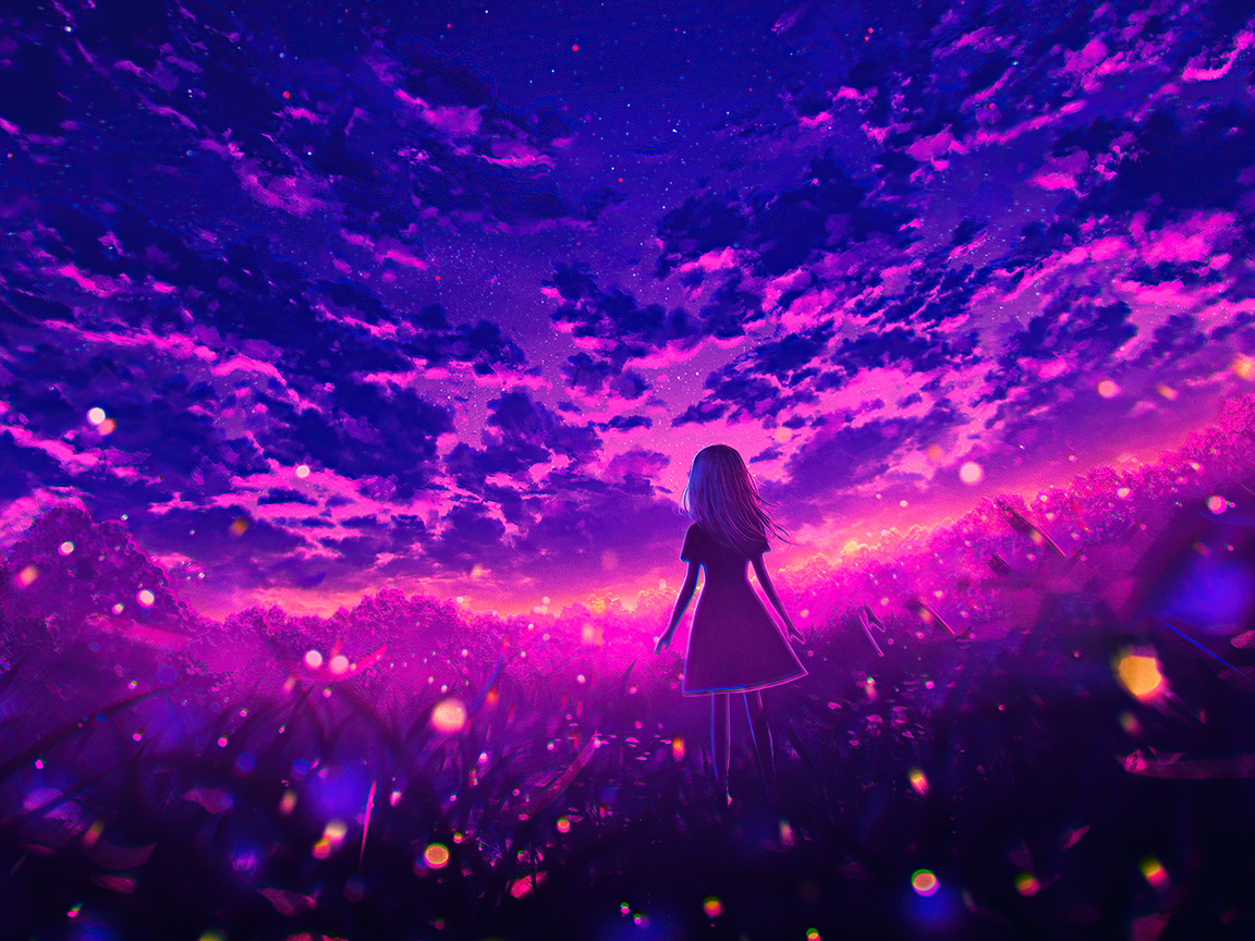 Anime girl in a field of flowers, 4k, anime, girl, sky, clouds, wallpaper - Garden