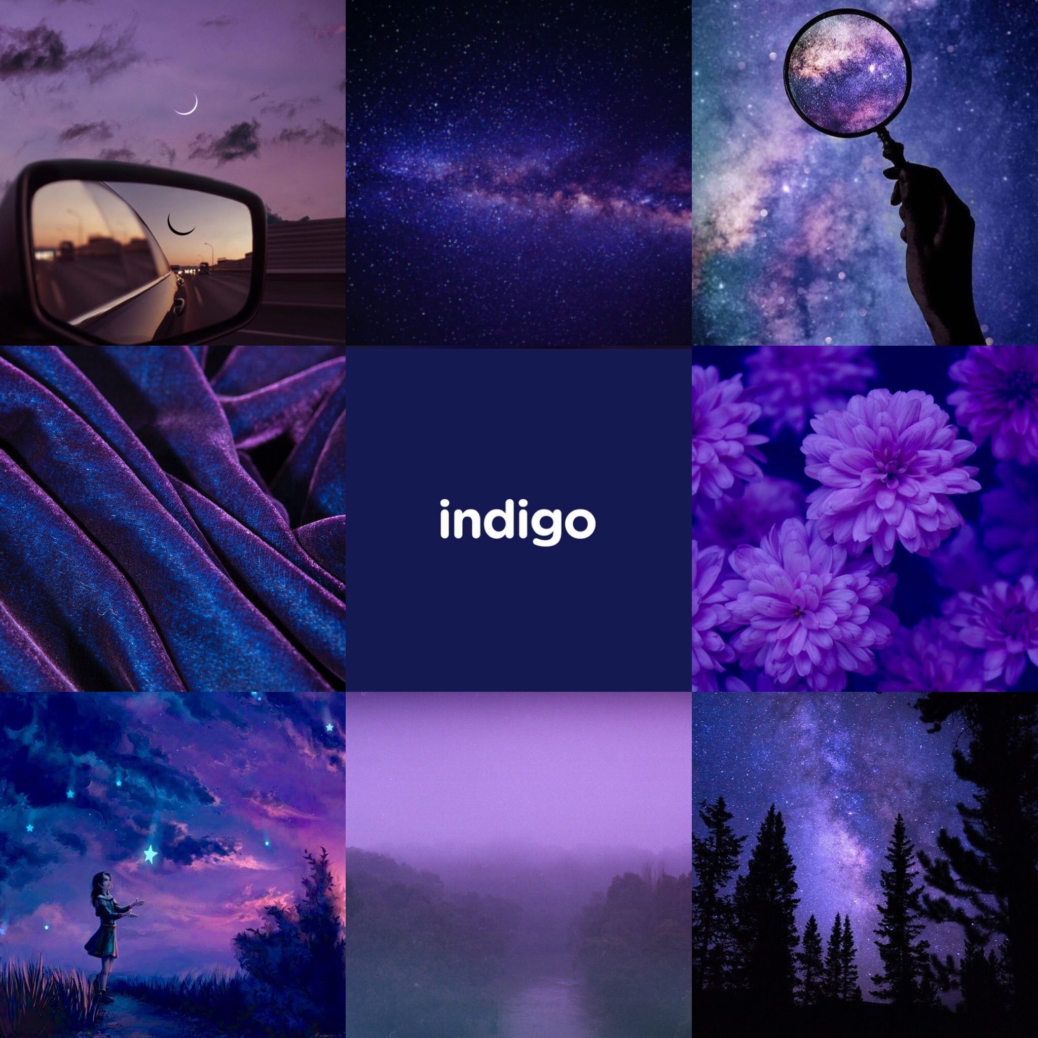 A collage of purple and blue images - Indigo, bling