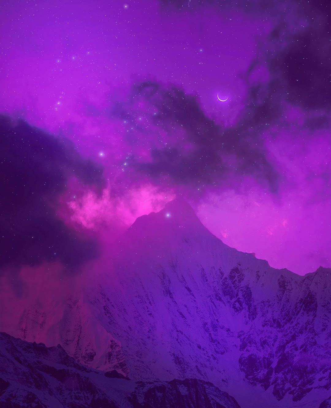 A purple sky with stars and a crescent moon above a snow covered mountain - Indigo
