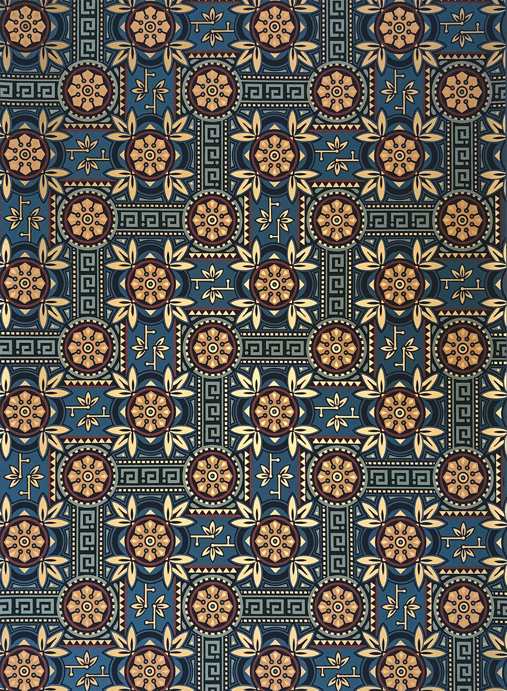 A dark blue fabric with a repeating pattern of orange and brown flowers and green leaves - Indigo, Victorian
