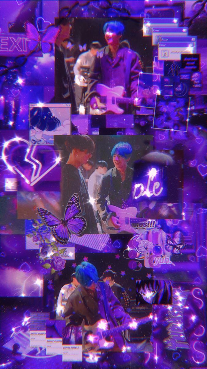 A purple aesthetic wallpaper with pictures of TXT members and purple butterflies - Indigo