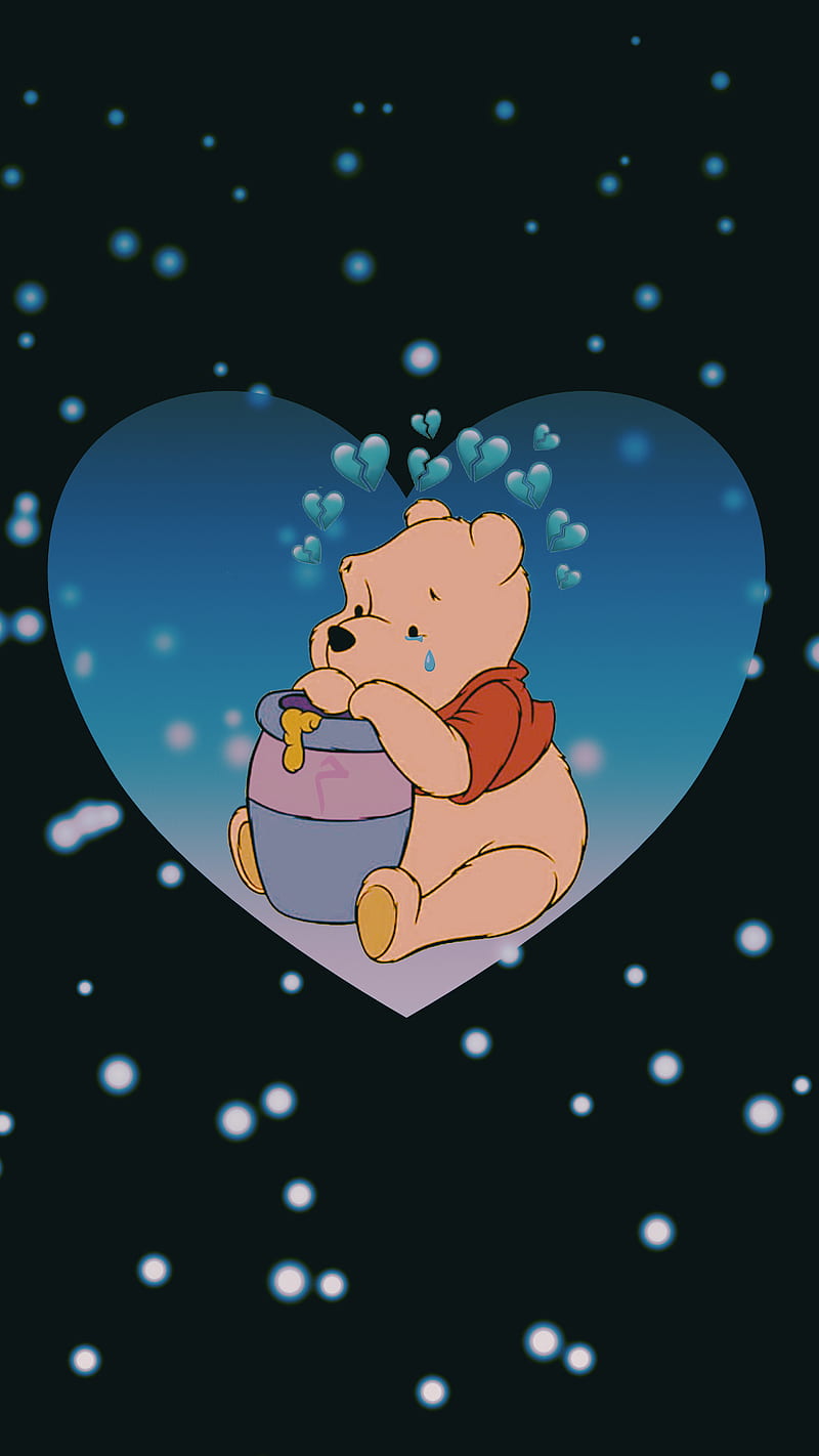Sad Pooh, disney, friend, heart, honey, snow, sparkles, winnie the pooh, yellow, HD phone wallpaper
