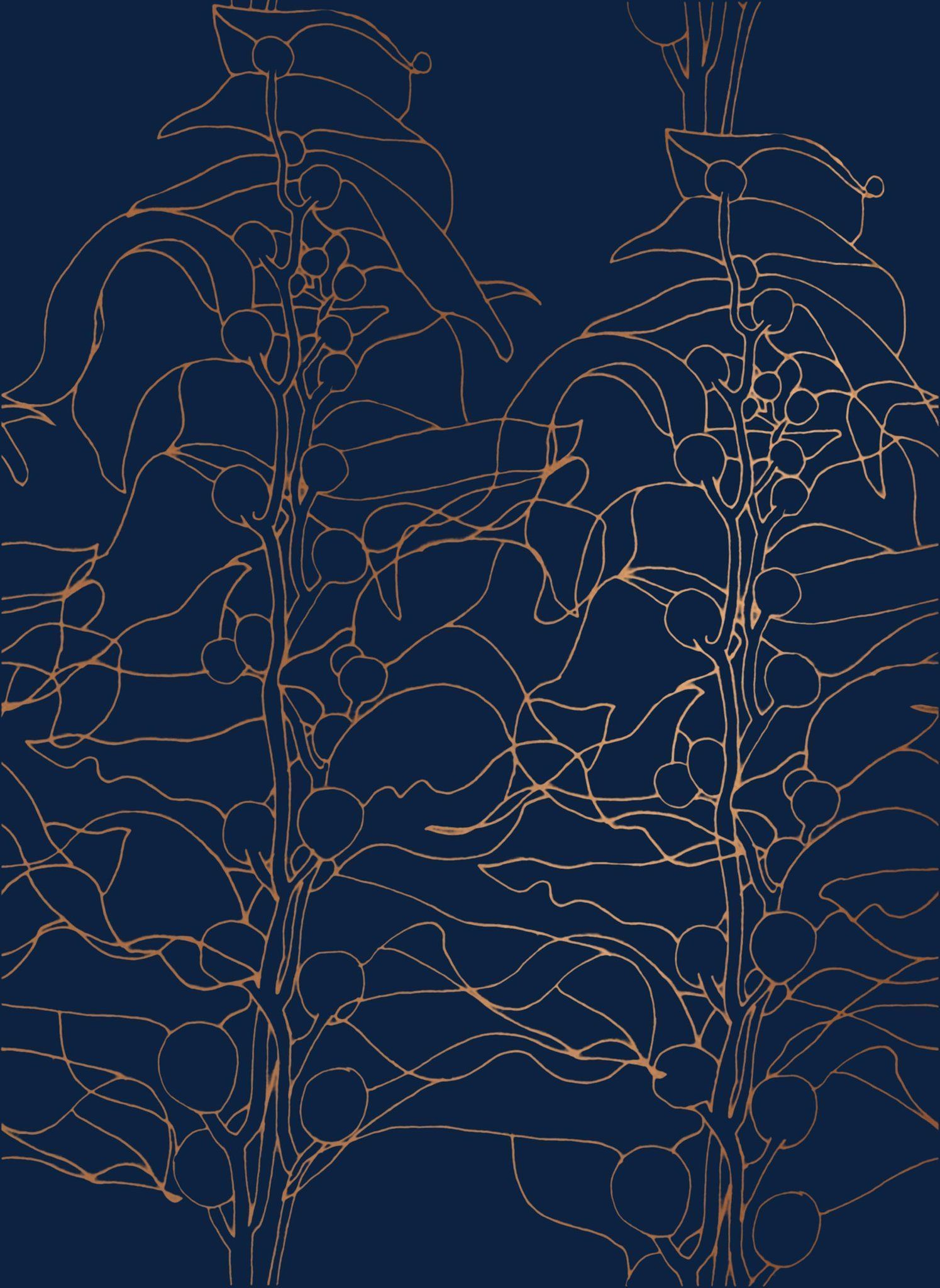 An illustrated design of two coffee plants on a dark blue background - Indigo
