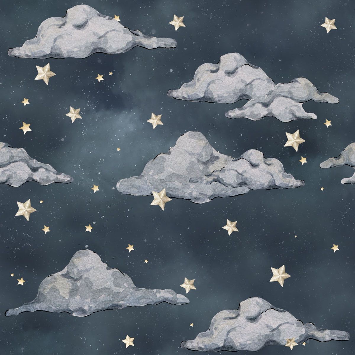 A navy wallpaper with white clouds and gold stars - Magic, sky