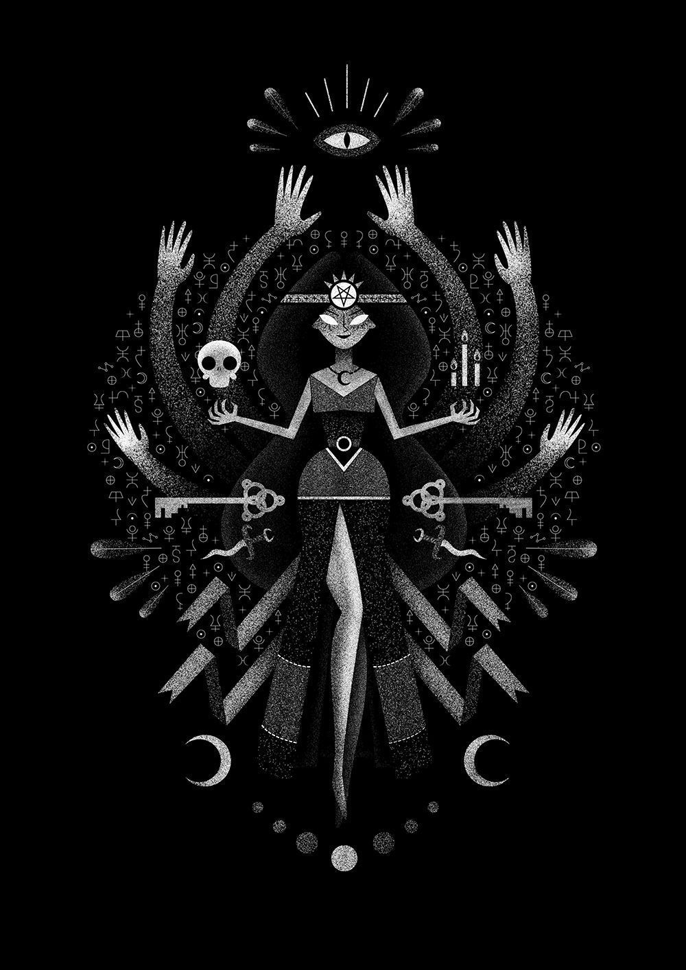 A black and white drawing of an evil woman with hands - Magic