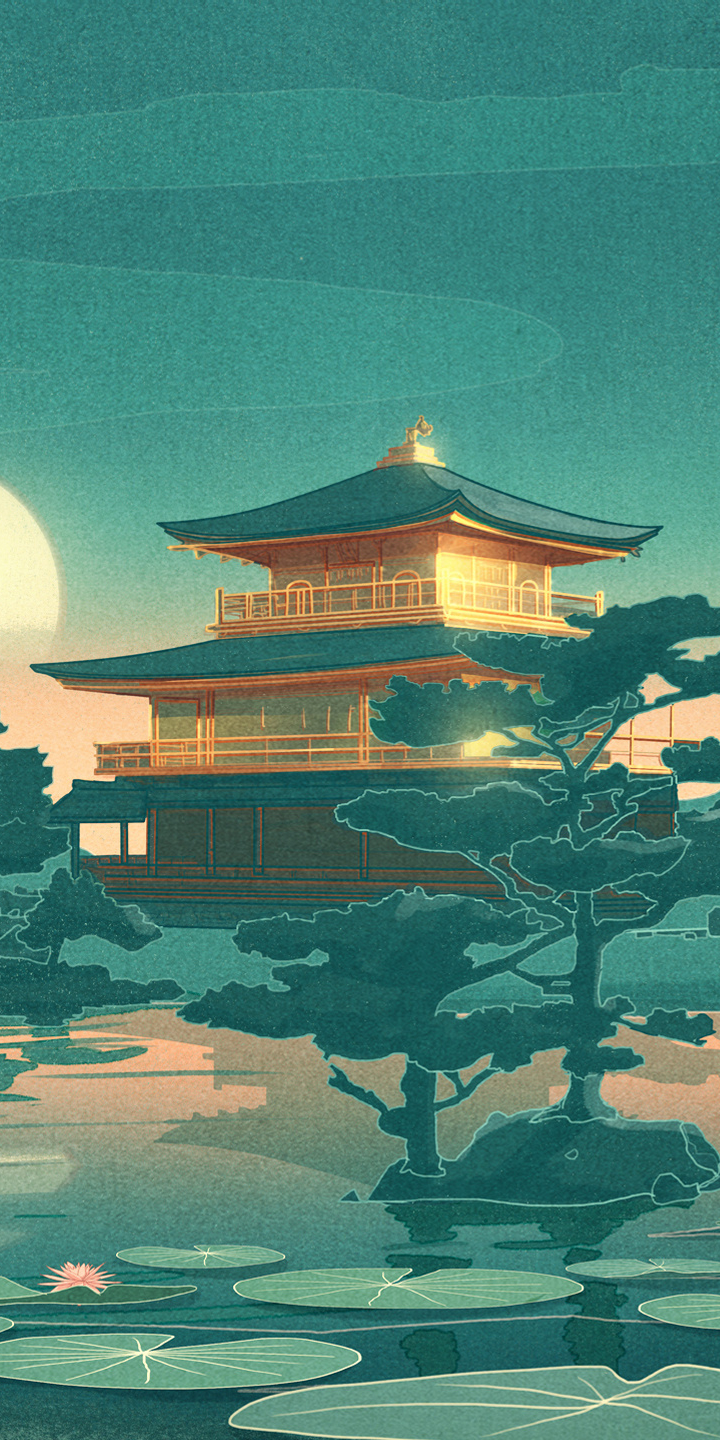 A painting of an oriental building on the water - Japanese, Japan
